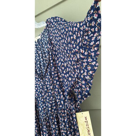 Rewind Tiered Ruffle Flutter Sleeve Cottage Boho Blouse Top Blue Floral M Rayon - Picture 7 of 11